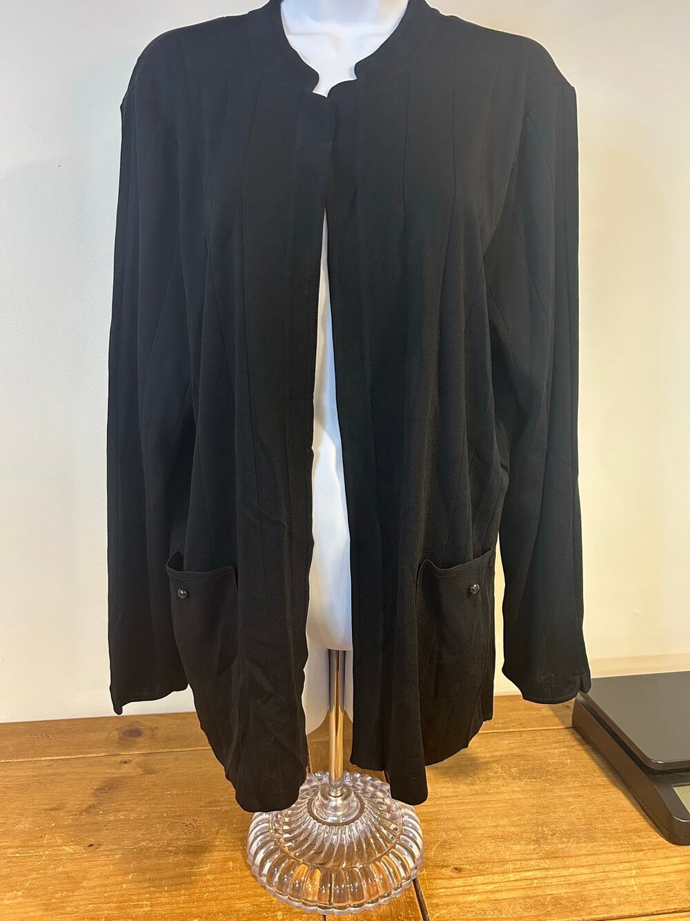 Ming Wang Womens Knit Cardigan Jacket XL Black Ribbed Open Front Career Classic